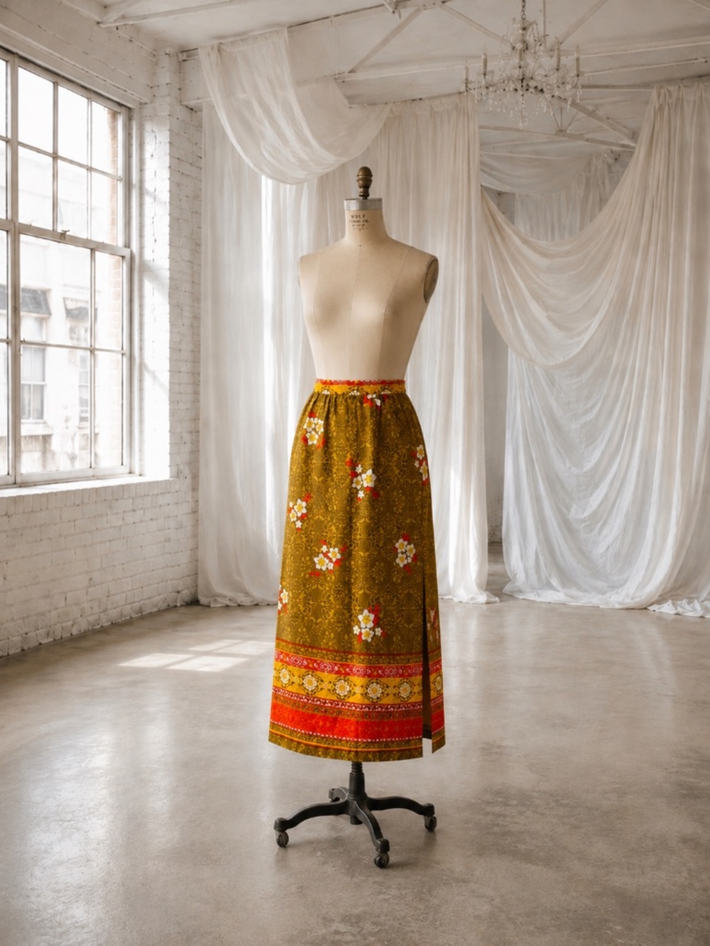 Vintage 1970s Alex Coleman Yellow Orange Hibiscus Floral Maxi Skirt Sz S